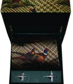 Soprano Pheasant Brown Patterend Country Printed Silk Tie And Cufflink Gift Box Set